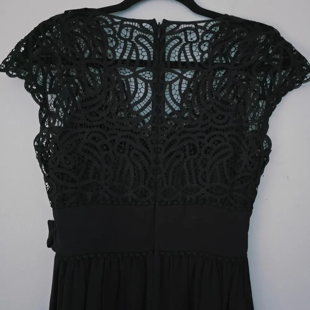Kate Spade Macrame Black Lace Silk Midi Dress Belt Tie Women's Size 2